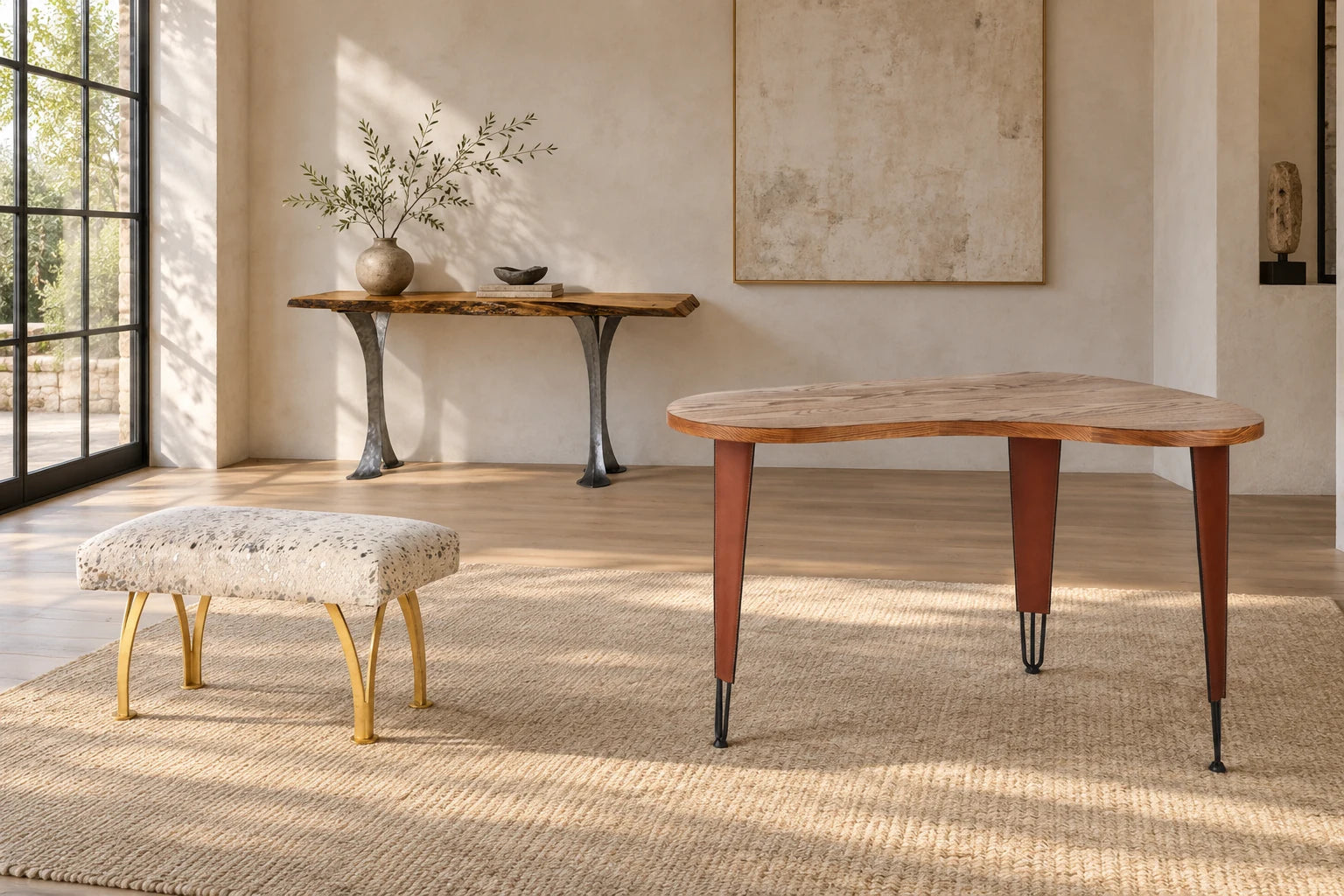 Enrico Bartolini kidney desk, honey live-edge console and hair-on-hide bench in a warm sunlit study