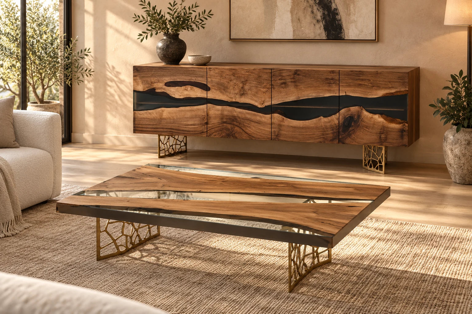 Gizz walnut and resin sideboard and matching coffee table in a warm contemporary living room