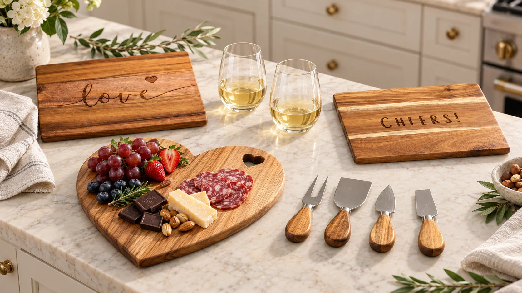 Heart-shaped acacia board, love and Cheers engraved boards, two clear stemless wine glasses and four wood-handled cheese knives on stone.