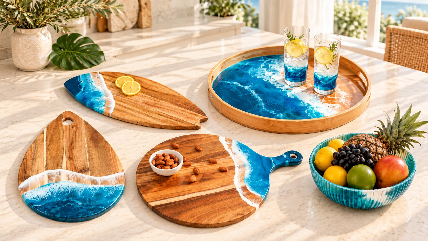 Ocean-blue resin teardrop, surfboard and round acacia boards with highball glasses, a fluted bowl and round bamboo tray on a cream counter.