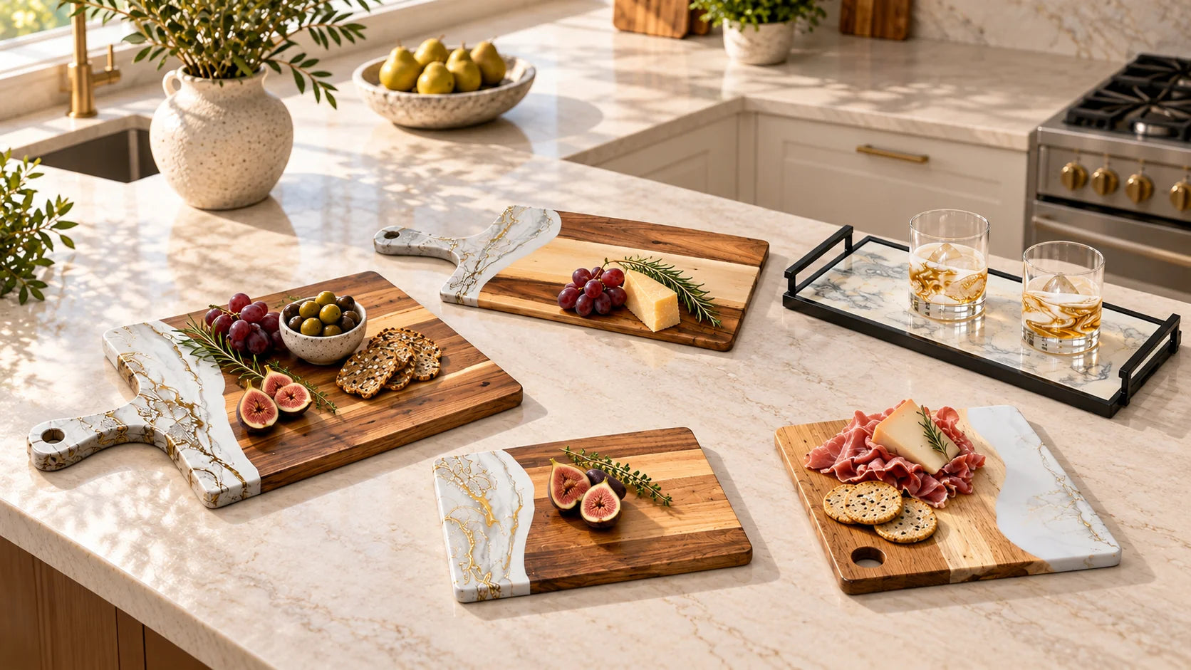 White-and-gold resin acacia boards, a black rectangular resin tray, and gold-accented whisky glasses on a cream kitchen island.
