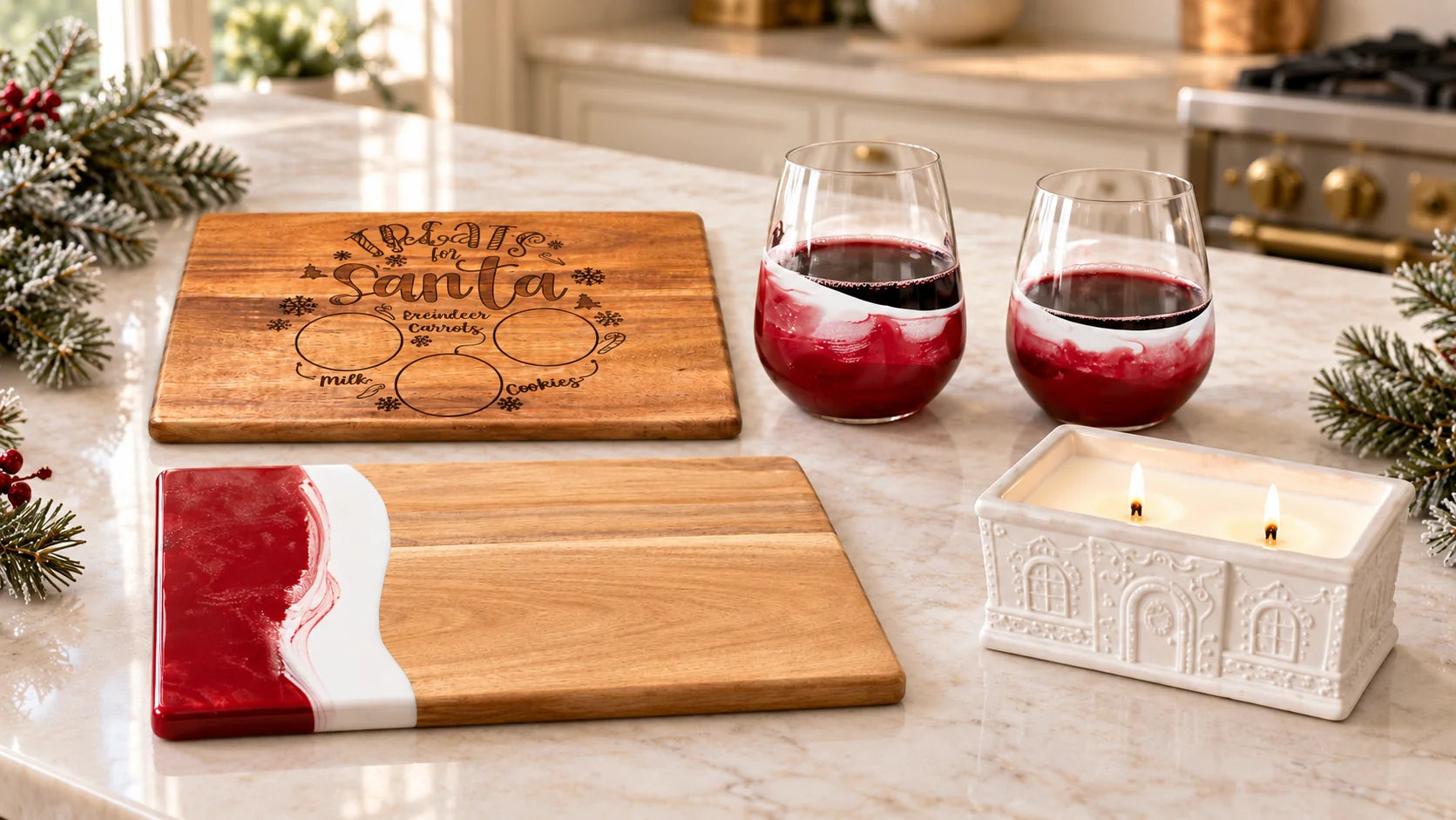 Winter Berry red-and-white resin board and wine glasses with an engraved Santa board and white gingerbread-house candle on a kitchen counter.
