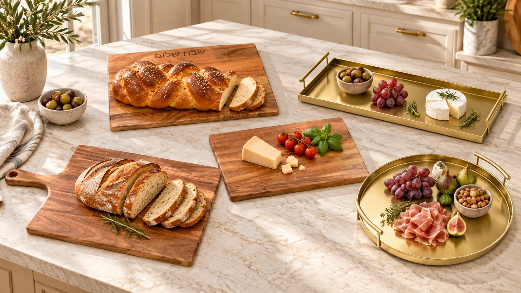 Plain acacia bread and challah boards and an XL paddle board with rectangular and round gold metal serving trays on a cream kitchen island.